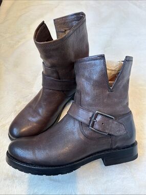 Frye Natalie Short Women’s Dark Brown Leather Combat Moto Boots with Buckle